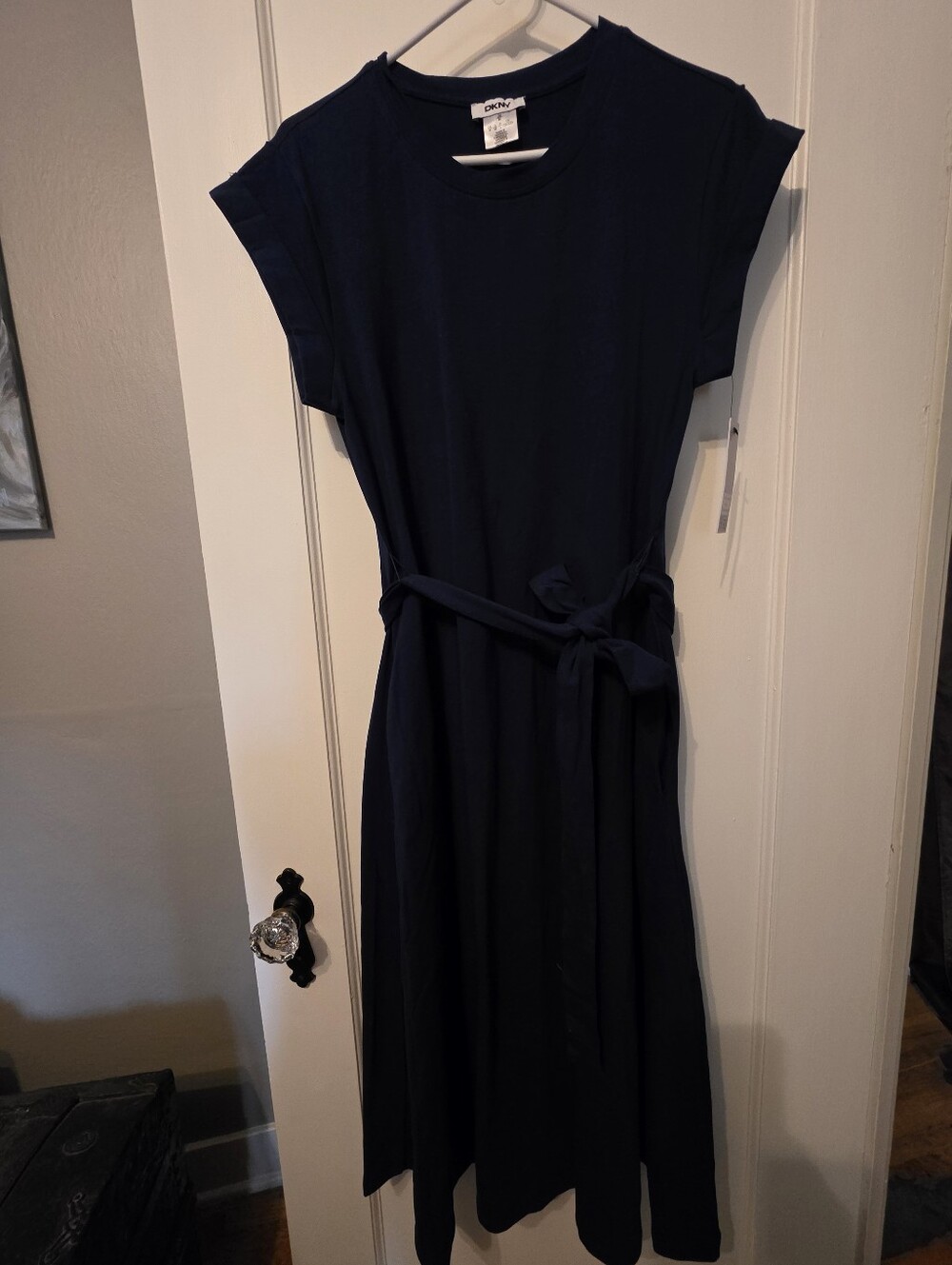 DKNY Navy Blue Tie Waist Belted Midi Dress Cotton Stretch Cuffed Sleeve NWT
